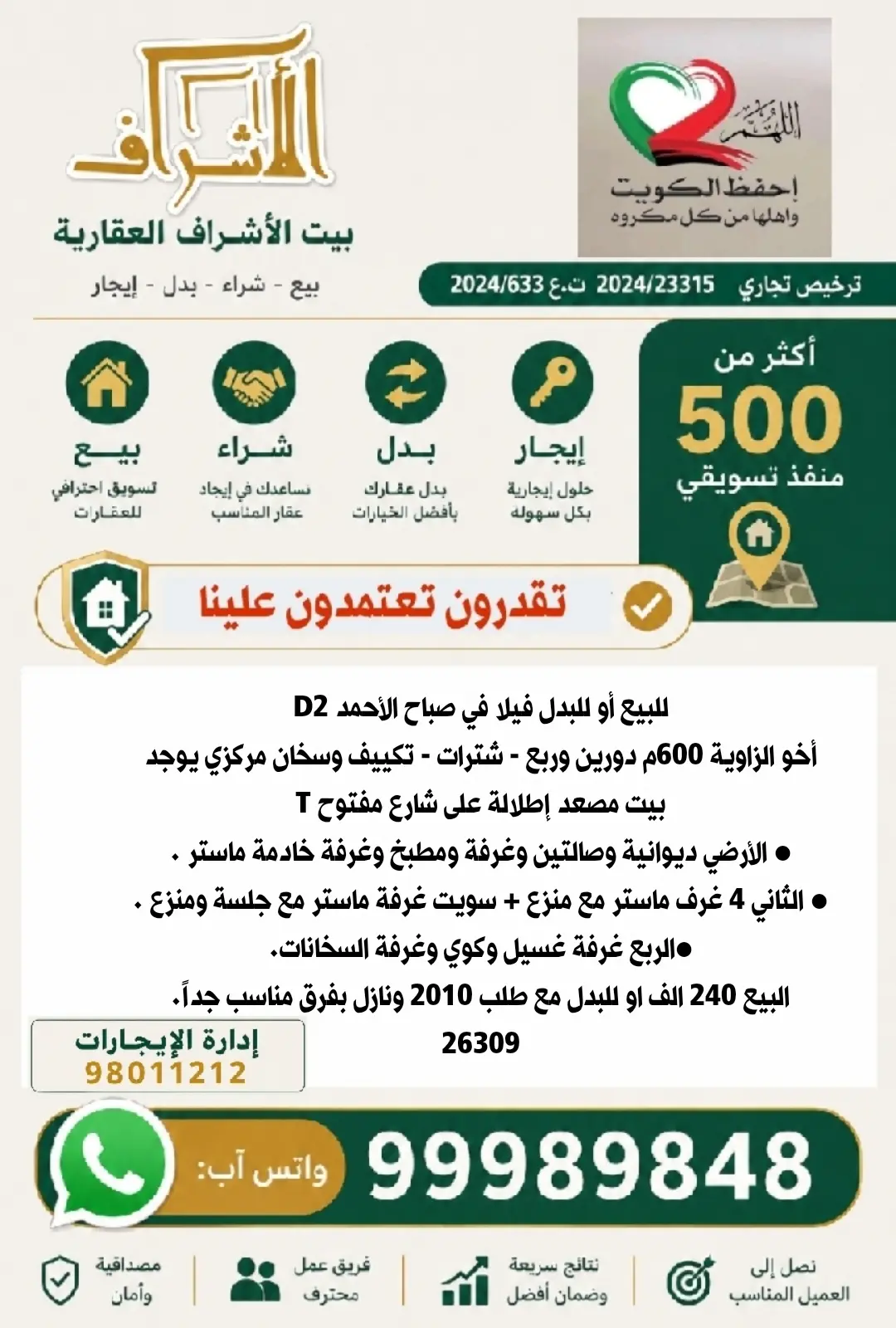 للبيع بيت في صباح الاحمد السكنية